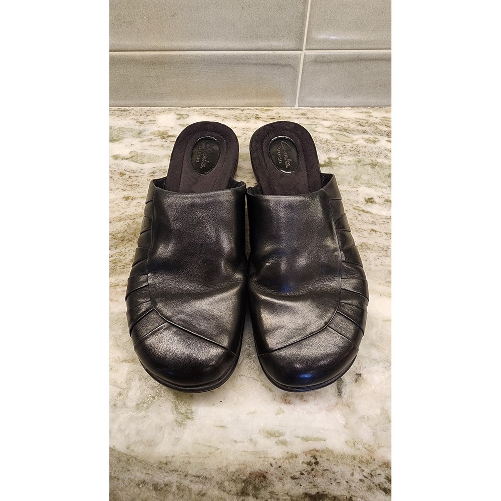 Clarks Artisan Mules Women 9W Black Leather Pleated Slip On Clogs